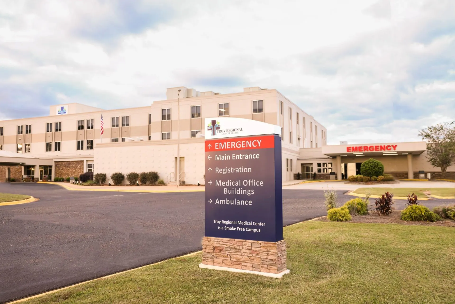 Troy Regional Medical Center in Troy, Alabama, with its emergency entrance and campus directory sign